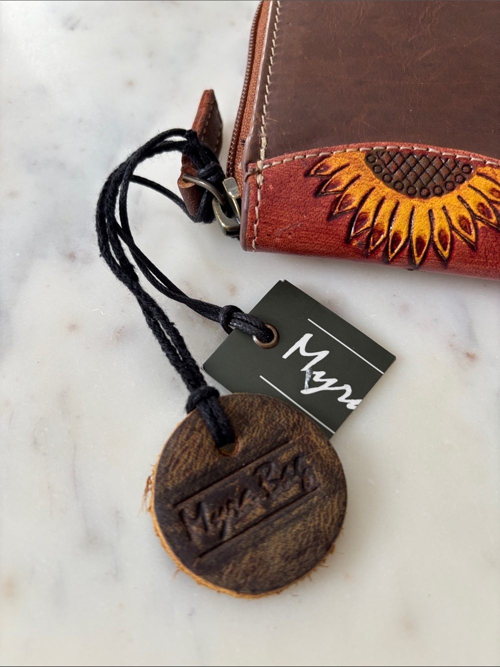 Myra Bag Brown Leather Zip Wallet with Sunflower Appliqué - Picture 2 of 8